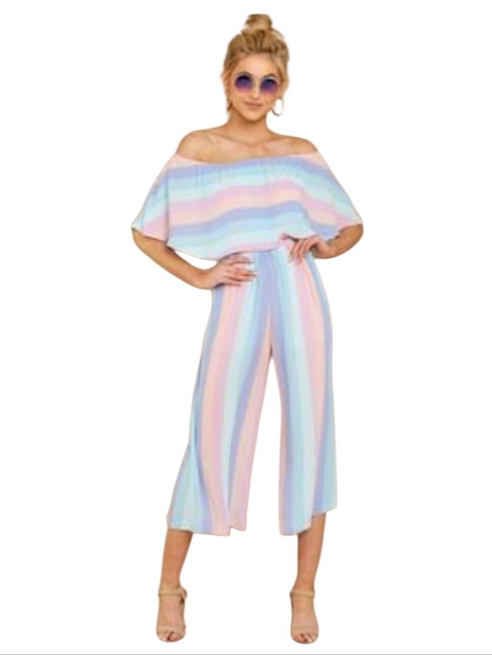 Women's Buddy Love Striped Off Shoulder Jumpsuit Sz Medium